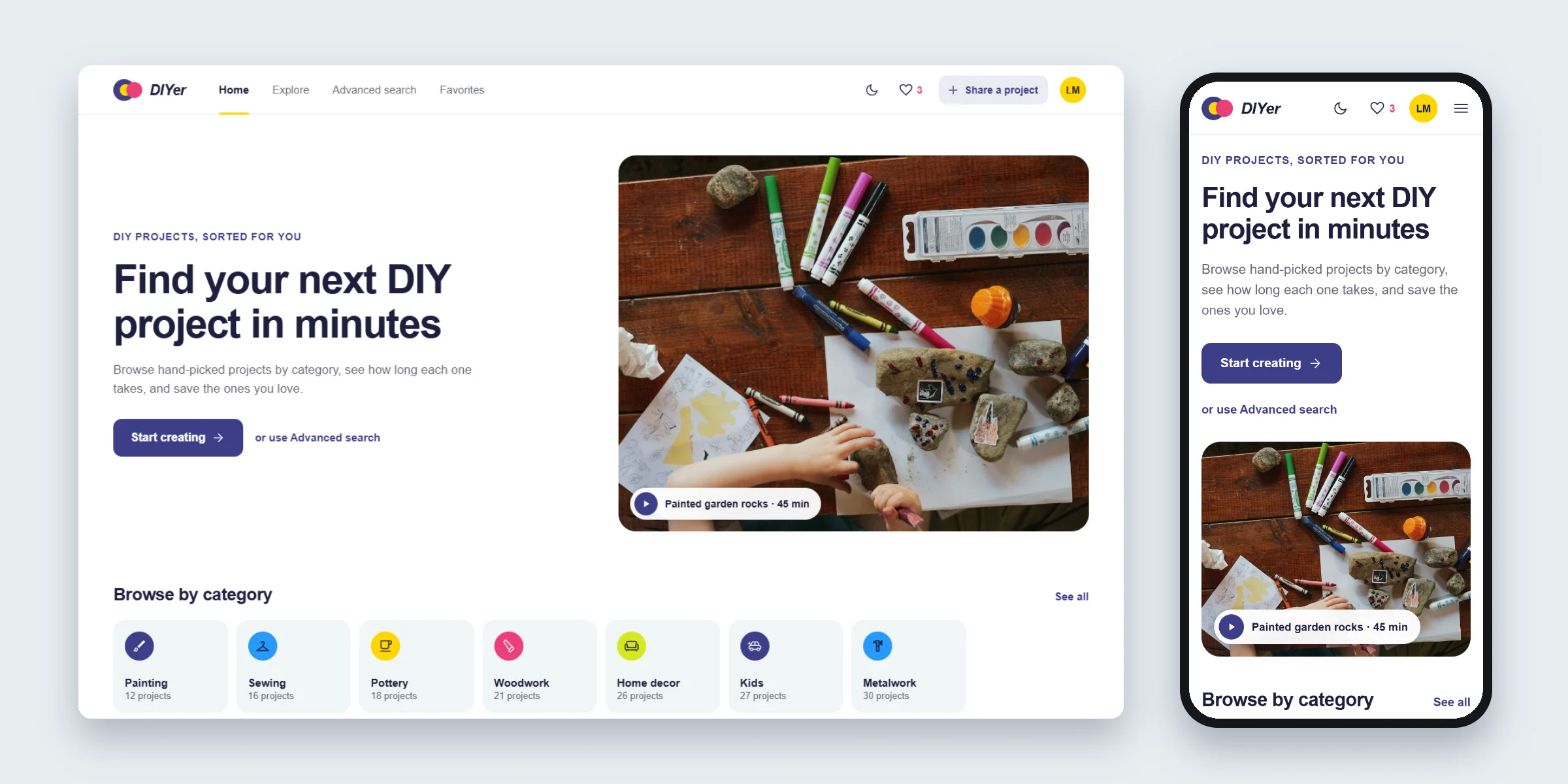 DIYer home page on desktop and phone
