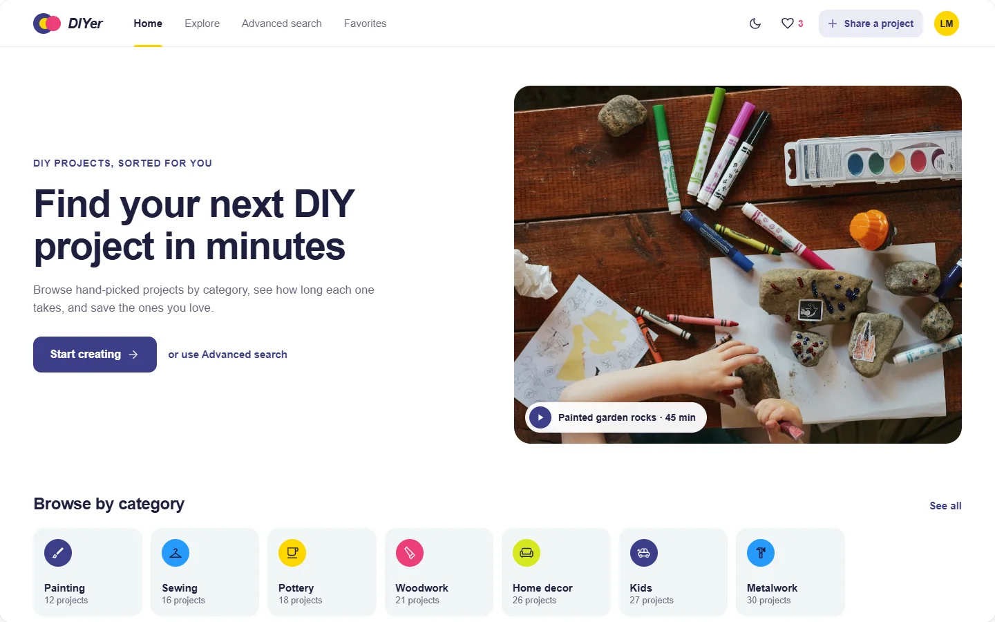 DIYer home page on desktop