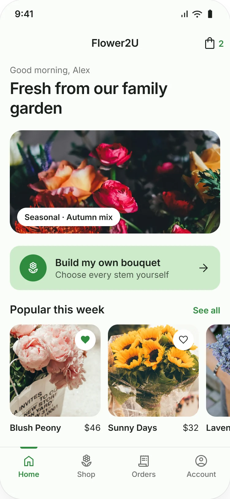 Flower2U home screen